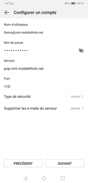 Saisissez votre Nom d'utilisateur et l'adresse du serveur entrant. Sélectionnez SUIVANT