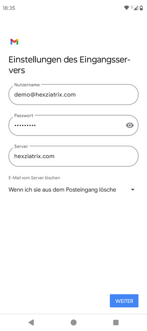 Geben Sie Benutzername und die Server-Adresse für eingehende Post ein. Wählen Sie WEITER