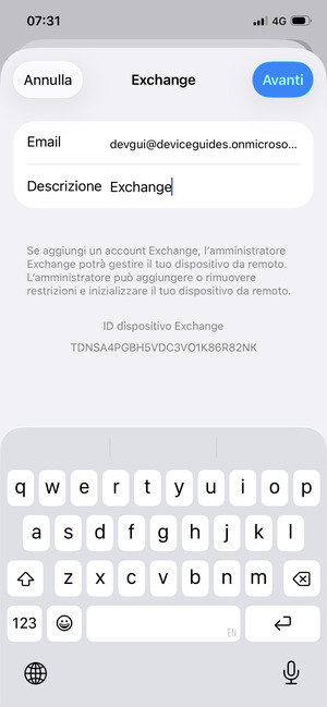 Inserisci informazioni email di Exchange e seleziona Avanti