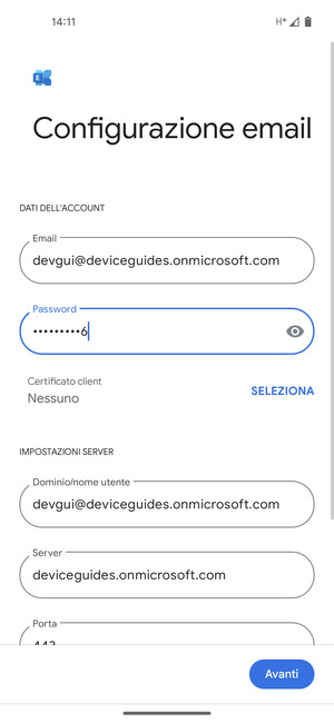 Inserisci Nome utente e l'indirizzo del server Exchange. Seleziona Avanti