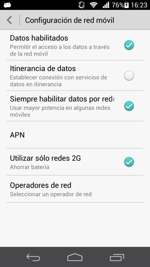 Si la pantalla tiene este aspecto, marque la casilla Utilizar sólo redes 2G para habilitar 2G
