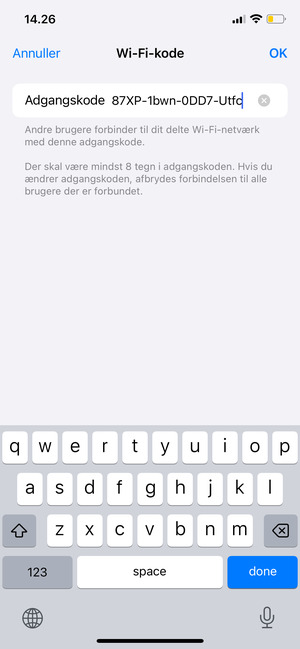 Indtast en Wi-Fi adgangskode på minimum 8 tegn og vælg OK