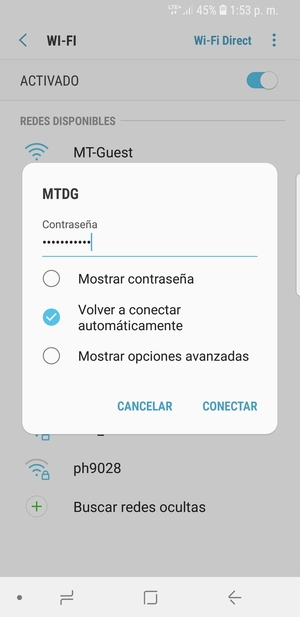 Introduzca la contraseña de Wi-Fi y seleccione CONECTAR