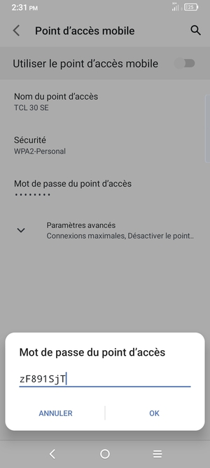 Saisissez un mot de passe de hotspot Wi-Fi d'au moins 8 caractères et sélectionnez OK