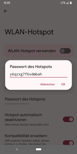 Geben Sie eine WLAN-Hotspot-Passwort mit mindestens 8 Zeichen ein und wählen Sie OK
