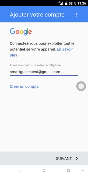 Saisissez votre adresse Gmail et sélectionnez SUIVANT