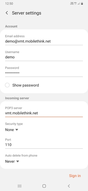 Enter Username and Incoming server address