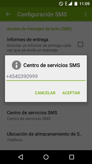 Introduzca el número de Centro de servicios SMS y seleccione ACEPTAR