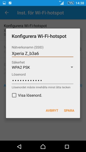 Ange ett lösenord för Wi-Fi-hotspoten, bestående av minst 8 tecken och välj SPARA