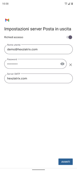 Inserisci l'indirizzo del server di posta in uscita e seleziona AVANTI