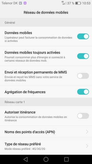 Faites défiler jusqu'à Réseau carte 1 ou Réseau carte 2 et sélectionnez Noms des points d'accès (APN)