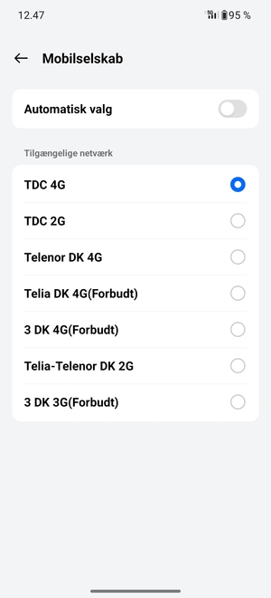 Vælg en netværksudbyder fra listen