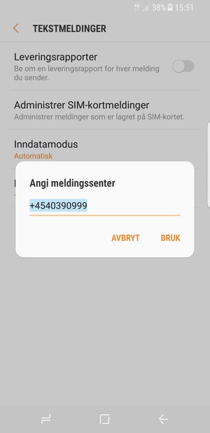Skriv inn Meldingssenter nummer og velg BRUK