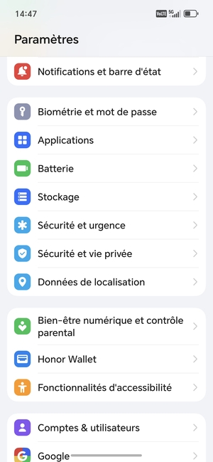 Faites défiler et sélectionnez Sécurité et vie privée