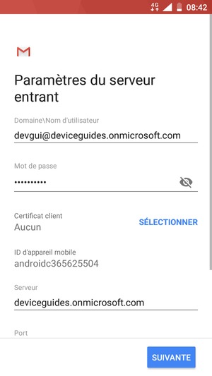 Saisissez votre Nom d'utilisateur et l'adresse du serveur Exchange. Sélectionnez SUIVANTE