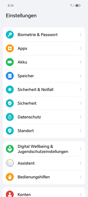 Scrollen Sie und wählen Sie Sicherheit