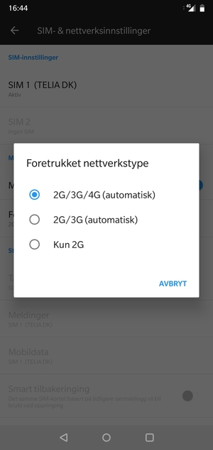 Velg ønsket alternativ