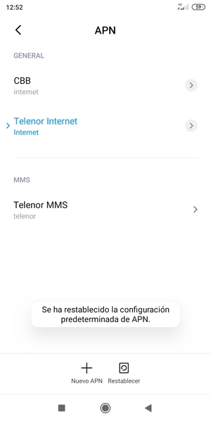 El teléfono se reiniciará con la configuración predeterminada de Internet y MMS