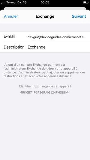Saisissez vos informations de messagerie Exchange et sélectionnez Suivant