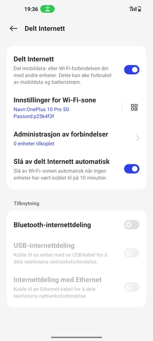 Telefonen din er konfigurert for bruk som et modem