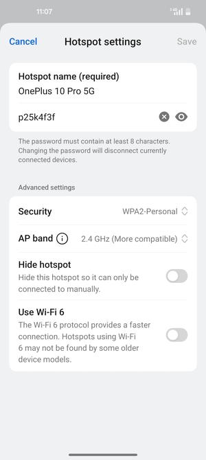 Enter a Wi-Fi hotspot password of at least 8 characters and select Save