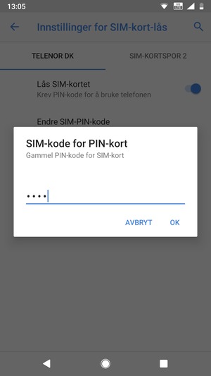 Skriv inn Gammel PIN-kode for SIM-kort og velg OK