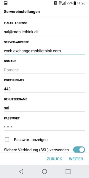 Geben Sie Exchange Server-Adresse und BENUTZERNAME ein. Wählen Sie WEITER