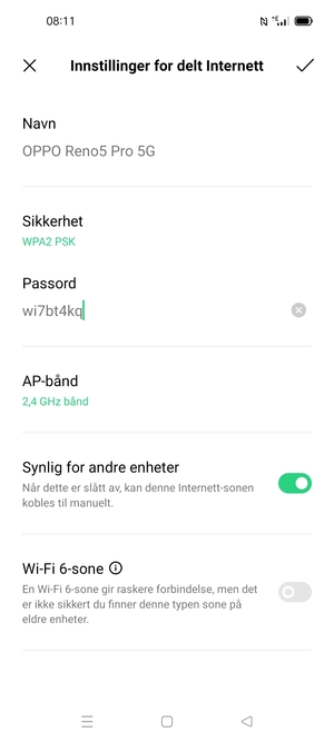 Skriv inn et Wi-Fi hotspot-passord på minst 8 tegn og velg OK