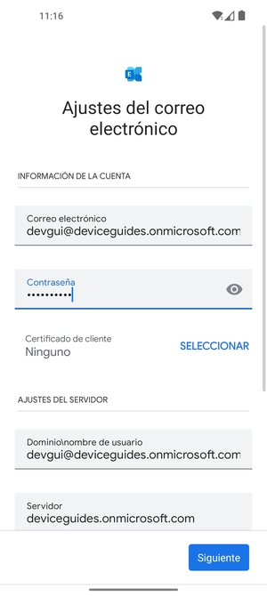 Introduzca Nombre de usuario y la dirección de servidor Exchange. Seleccione Siguiente