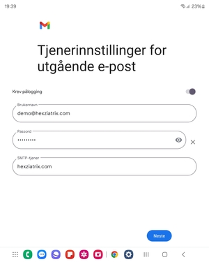 Skriv inn utgående serveradresse. Velg Neste
