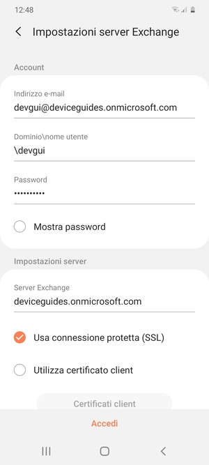 Inserisci Nome utente e l'indirizzo del server Exchange. Seleziona Accedi