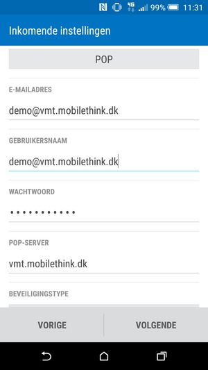 Voer Gebruikersnaam en binnenkomend serveradres in. Selecteer VOLGENDE