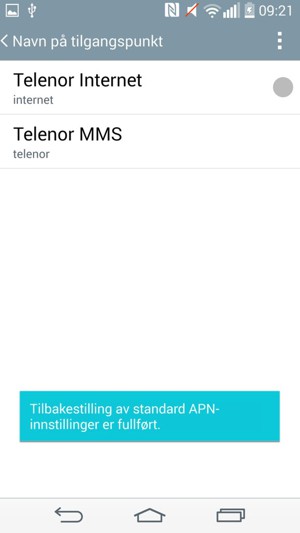 Telefonen din vil tilbakestilles til standard internett-og MMS-innstillinger