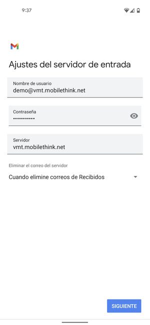 Introduzca Nombre de usuario y la dirección de servidor entrante. Seleccione SIGUIENTE