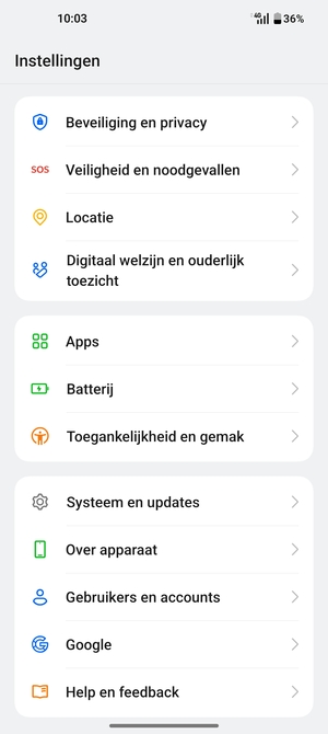 Scroll naar en selecteer Beveiliging en privacy