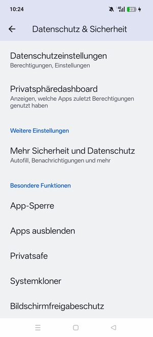 Scrollen Sie und wählen Sie Mehr Sicherheit und Datenschutz