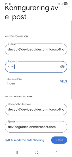 Skriv inn Brukernavn og Exchange serveradresse. Velg Neste