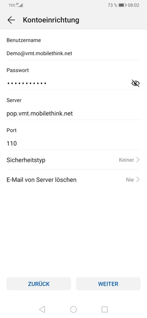 Geben Sie Benutzername und die Server-Adresse für eingehende Post ein. Wählen Sie WEITER