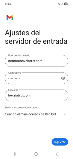 Introduzca Nombre de usuario y la dirección de servidor entrante. Seleccione Siguiente