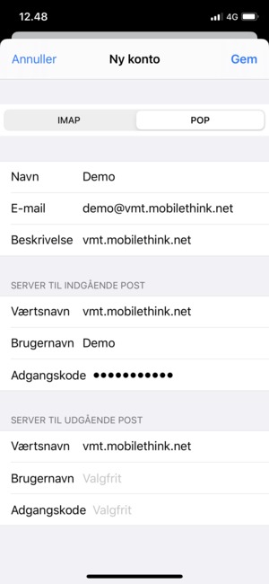 Indtast e-mail oplysninger for SERVER TIL UDGÅENDE POST og vælg Gem