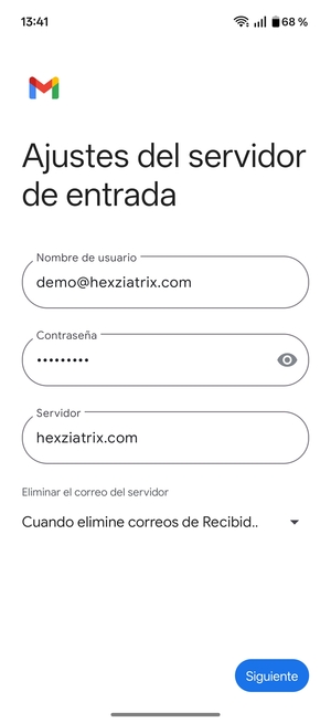 Introduzca Nombre de usuario y la dirección de servidor entrante. Seleccione Siguiente