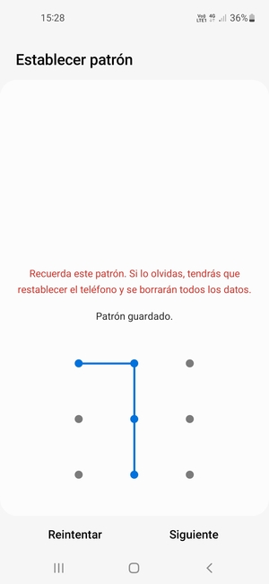 Dibuje un patrón de desbloqueo y seleccione Siguiente