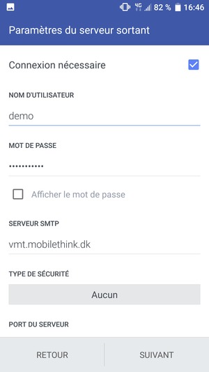 Saisissez l'adresse du serveur sortant