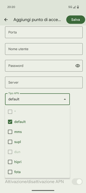 Assicurati che default sia selezionato