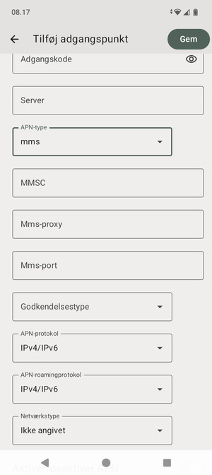 Scroll ned og indtast MMS-oplysninger