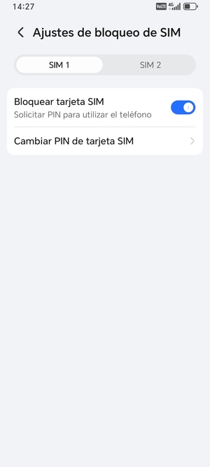 Seleccione SIM 1 o SIM 2 y seleccione  Cambiar PIN de tarjeta SIM