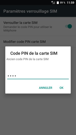 Saisissez votre Ancien code PIN de la carte SIM et sélectionnez OK