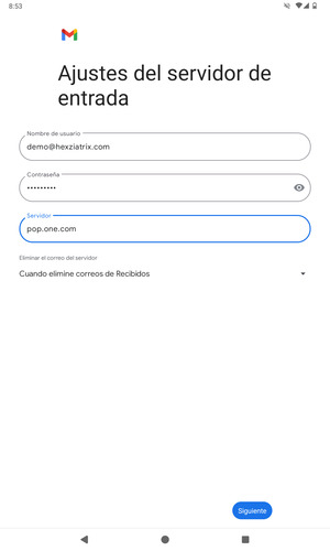 Introduzca Nombre de usuario y la dirección de servidor entrante. Seleccione Siguiente