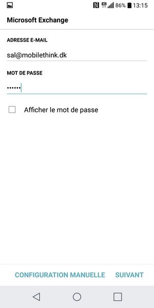 Saisissez votre adresse e-mail et votre mot de passe. Sélectionnez CONFIGURATION MANUELLE