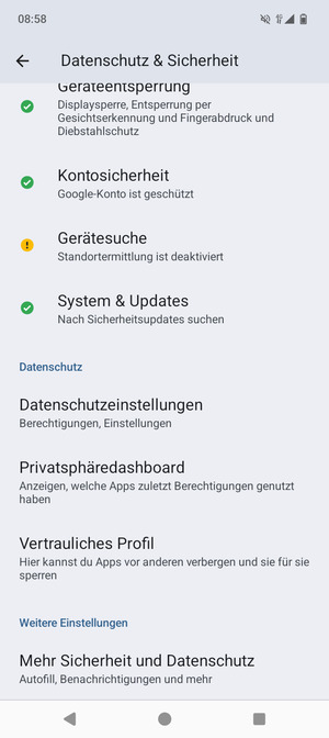 Scrollen Sie und wählen Sie Mehr Sicherheit und Datenschutz